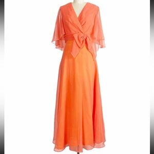 Vintage 1960s Miss Elliette California Coral Chiffon Dress with Capelet